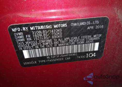 2017 Mitsubishi Mirage G4 Es from USA, damaged, VIN ML32F3FJ5HHF04961